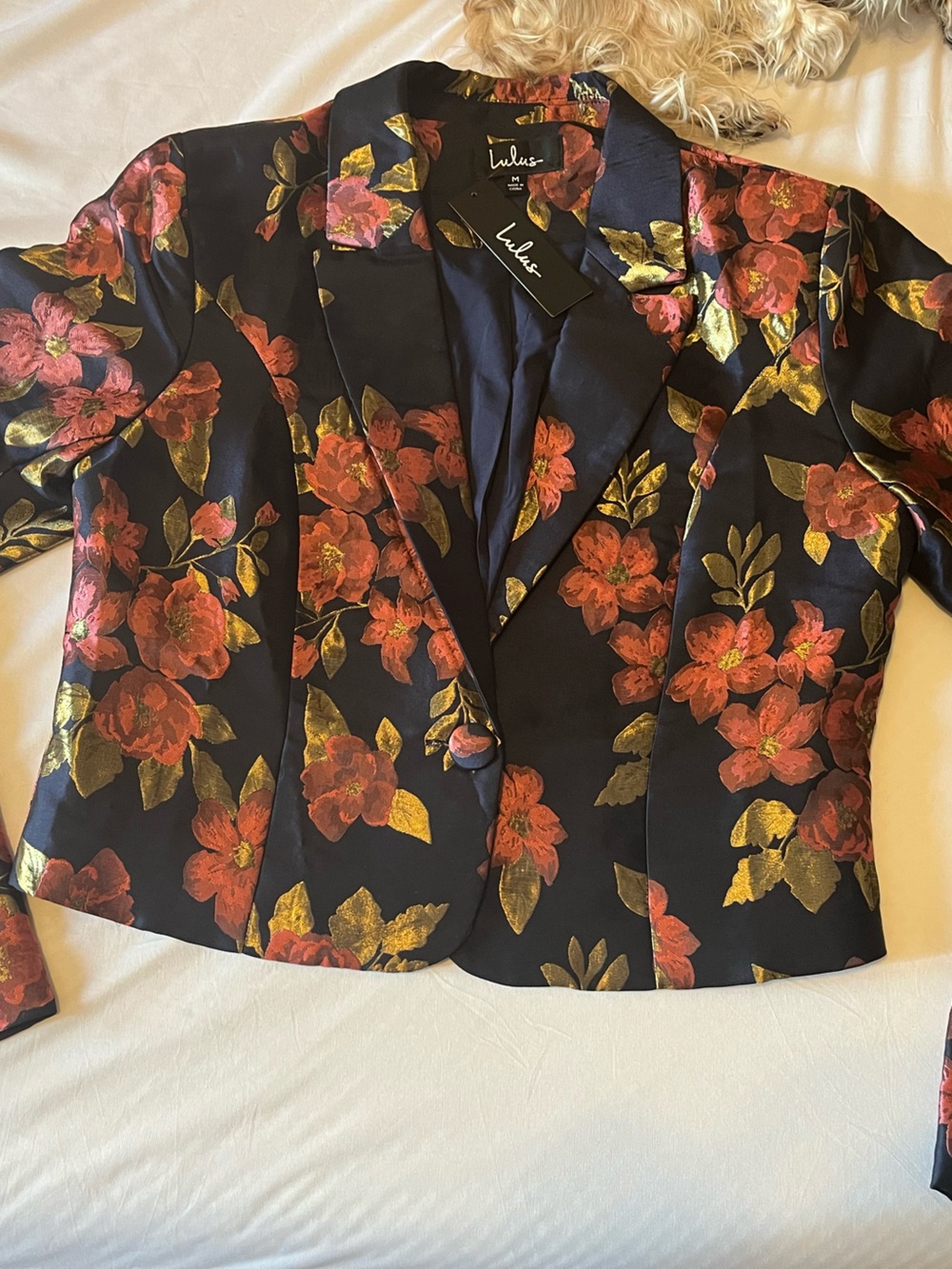 Floral Satin Blazer - Navy Blue with Pink & Gold Flowers